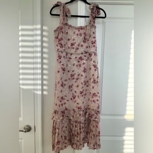 Lulus Terrace Views Taupe Floral Print Tiered Midi wedding guest Dress